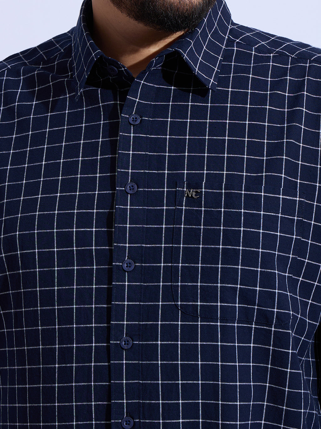 Plus Size Cotton Check 1 Pocket Regular Fit Smart Casual Shirt - Navy