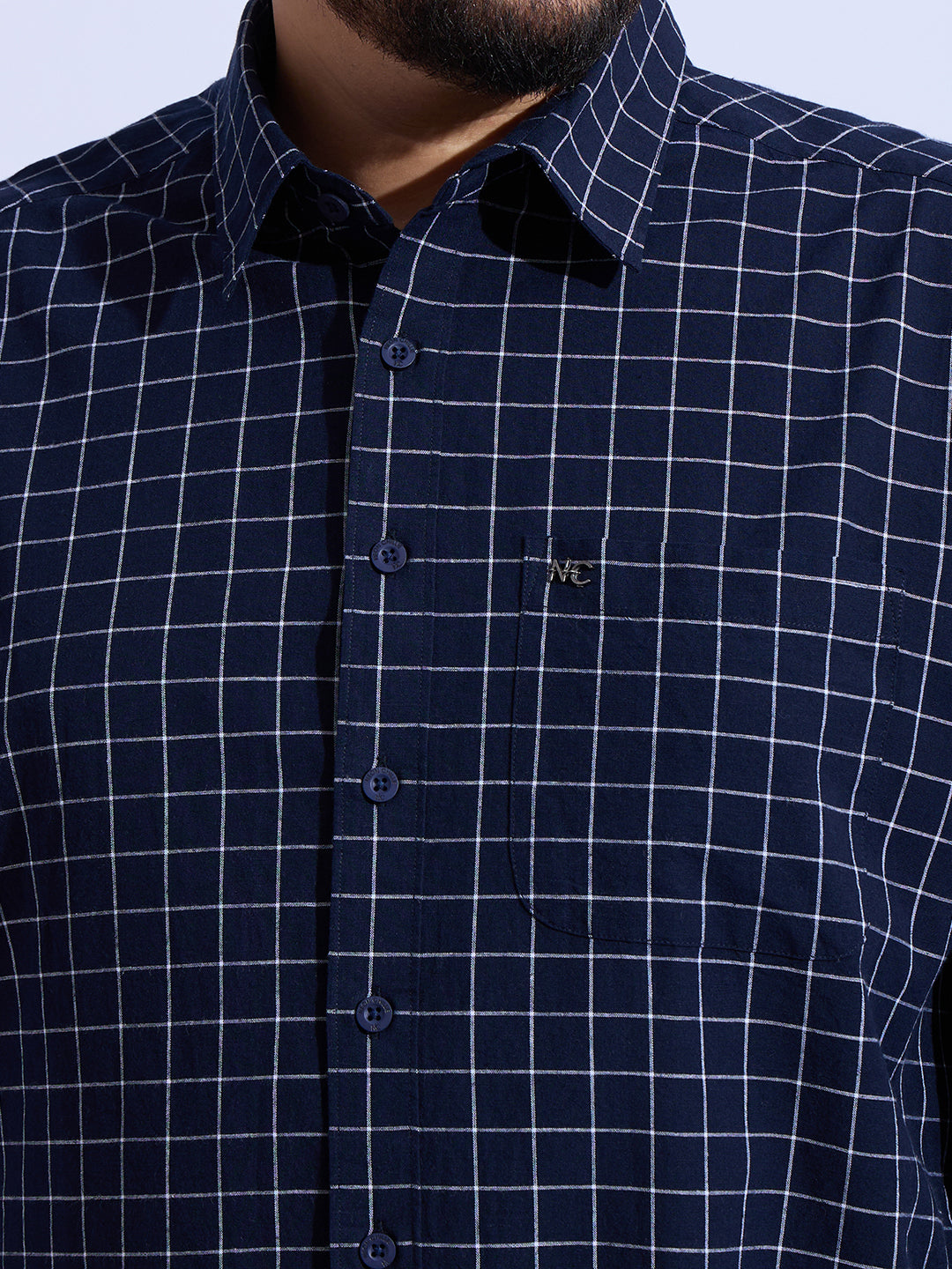 Plus Size Cotton Check 1 Pocket Regular Fit Smart Casual Shirt - Navy