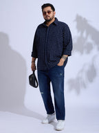 Plus Size Cotton Check 1 Pocket Regular Fit Smart Casual Shirt - Navy