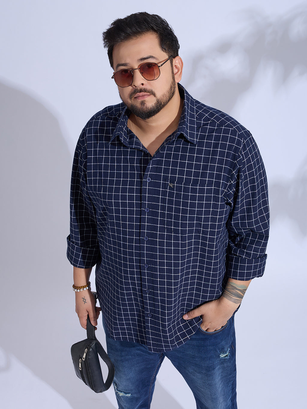 Plus Size Cotton Check 1 Pocket Regular Fit Smart Casual Shirt - Navy