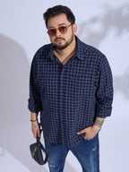 Plus Size Cotton Check 1 Pocket Regular Fit Smart Casual Shirt - Navy