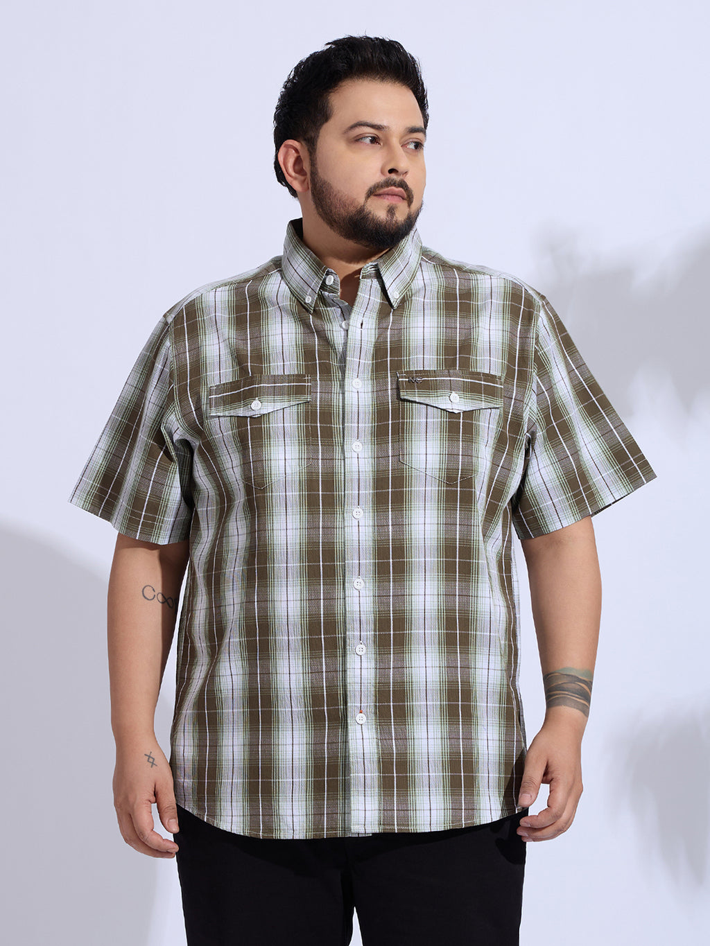 Plus Size Cotton Checks Regular Fit Smart Casual Shirt - Brown