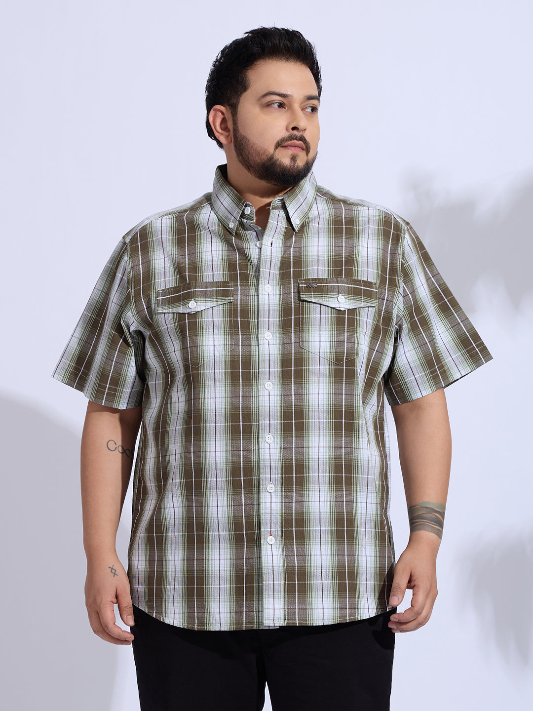 Plus Size Cotton Checks Regular Fit Smart Casual Shirt - Brown