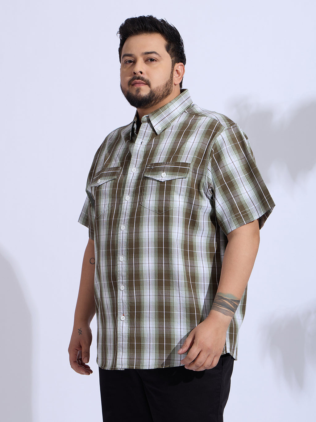 Plus Size Cotton Checks Regular Fit Smart Casual Shirt - Brown