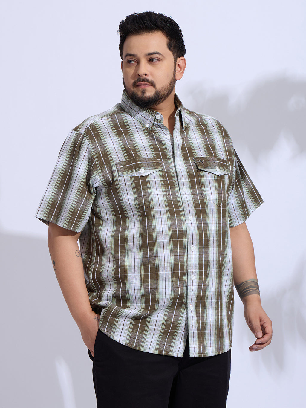 Plus Size Cotton Checks Regular Fit Smart Casual Shirt - Brown