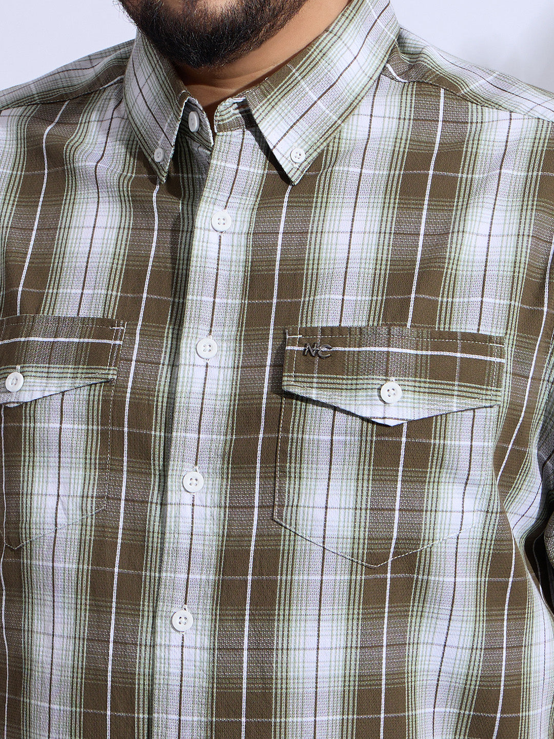 Plus Size Cotton Checks Regular Fit Smart Casual Shirt - Brown