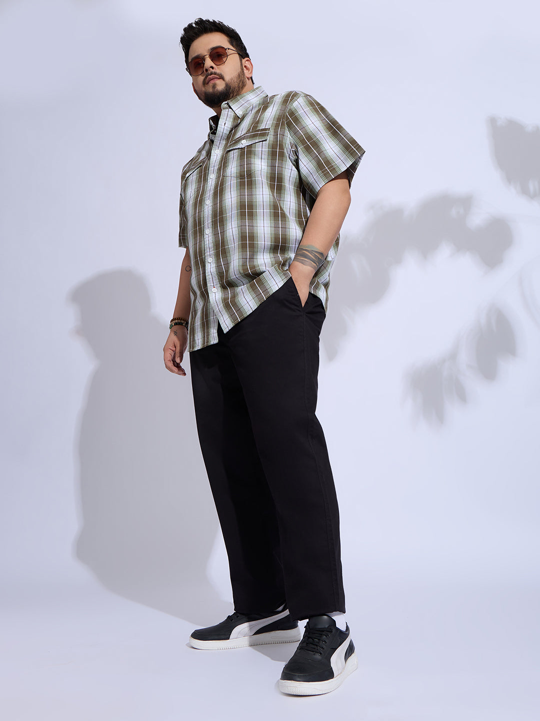 Plus Size Cotton Checks Regular Fit Smart Casual Shirt - Brown