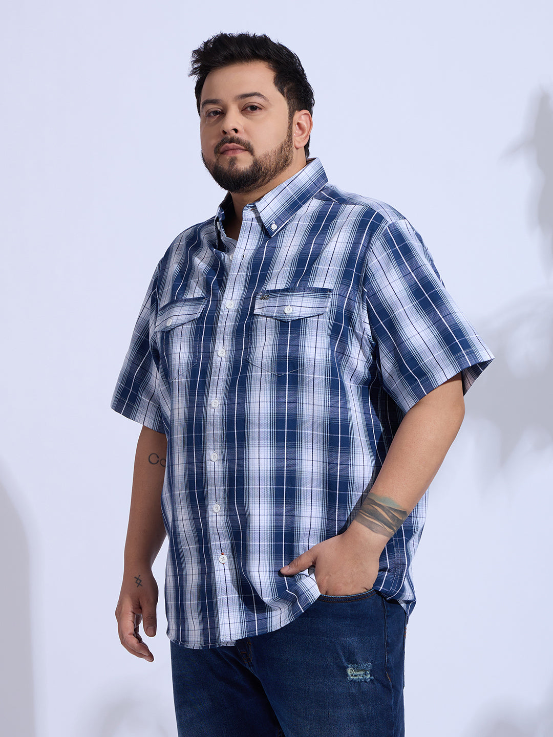 Plus Size Cotton Checks Regular Fit Smart Casual Shirt - Blue