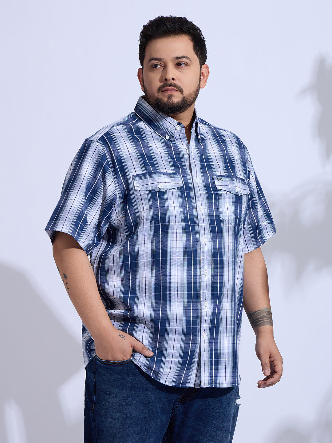 Plus Size Cotton Checks Regular Fit Smart Casual Shirt - Blue