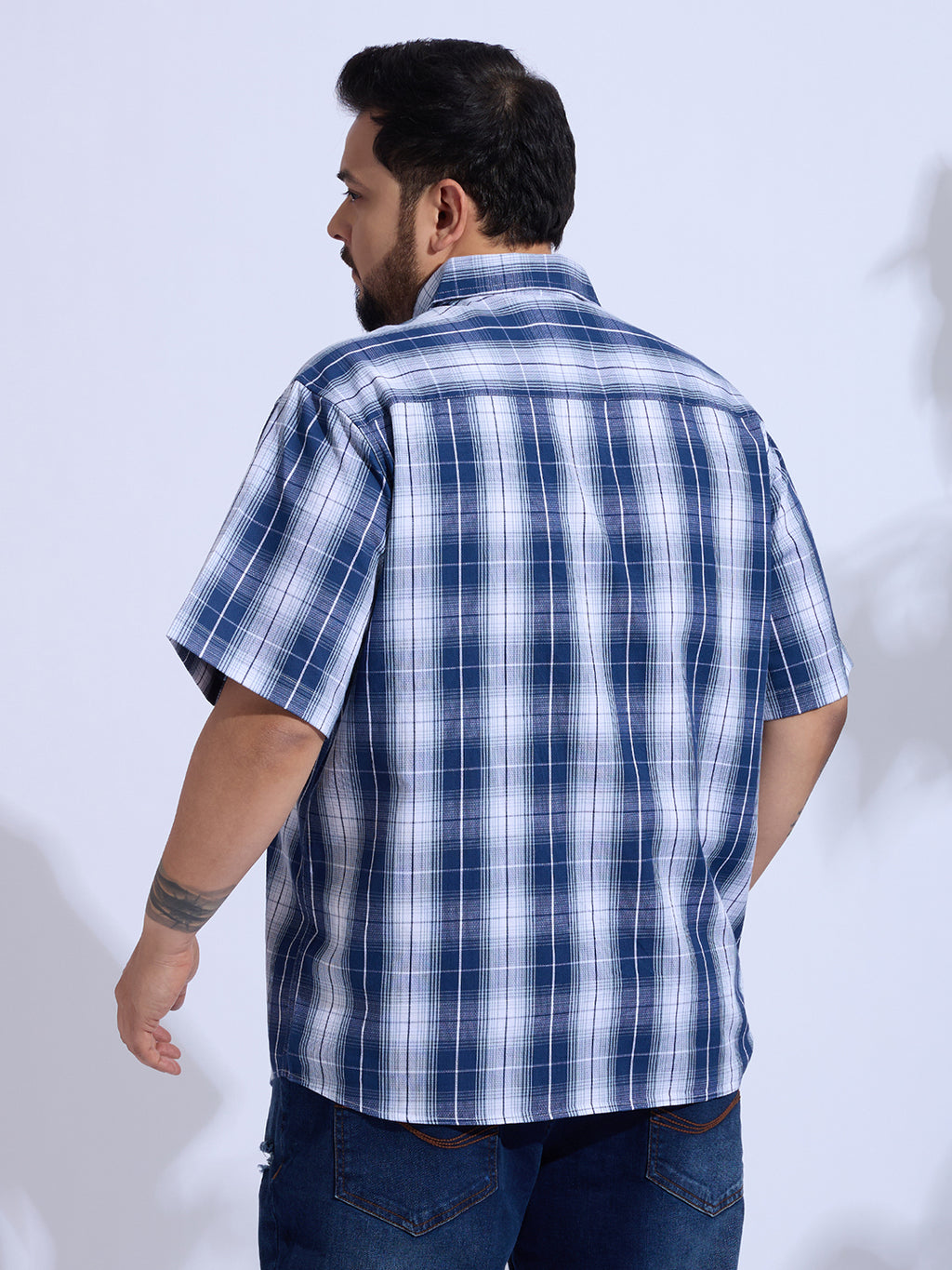 Plus Size Cotton Checks Regular Fit Smart Casual Shirt - Blue