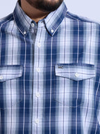 Plus Size Cotton Checks Regular Fit Smart Casual Shirt - Blue