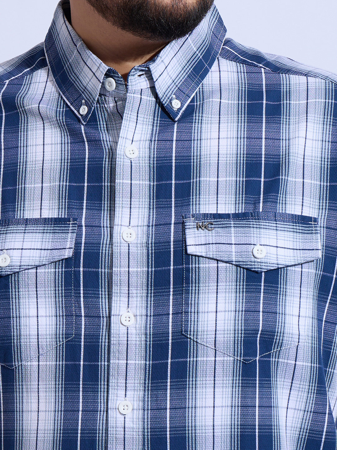 Plus Size Cotton Checks Regular Fit Smart Casual Shirt - Blue