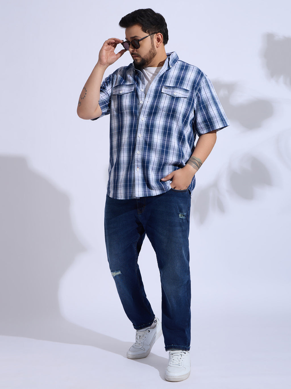 Plus Size Cotton Checks Regular Fit Smart Casual Shirt - Blue