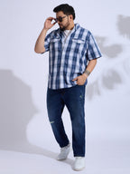 Plus Size Cotton Checks Regular Fit Smart Casual Shirt - Blue