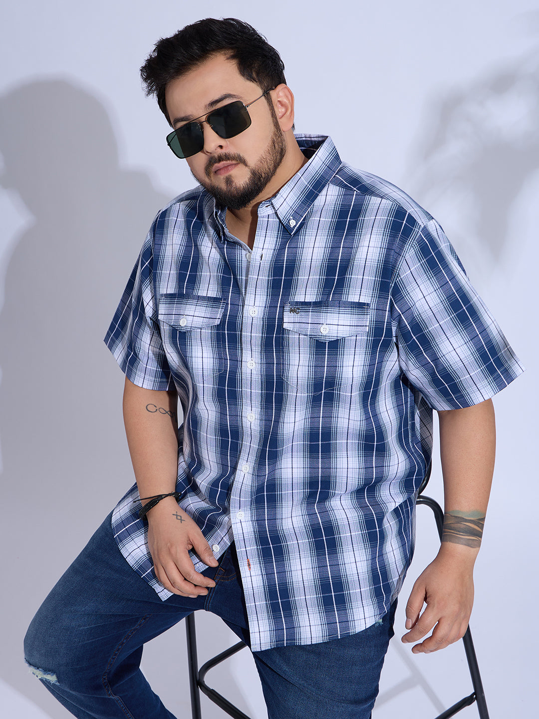 Plus Size Cotton Checks Regular Fit Smart Casual Shirt - Blue