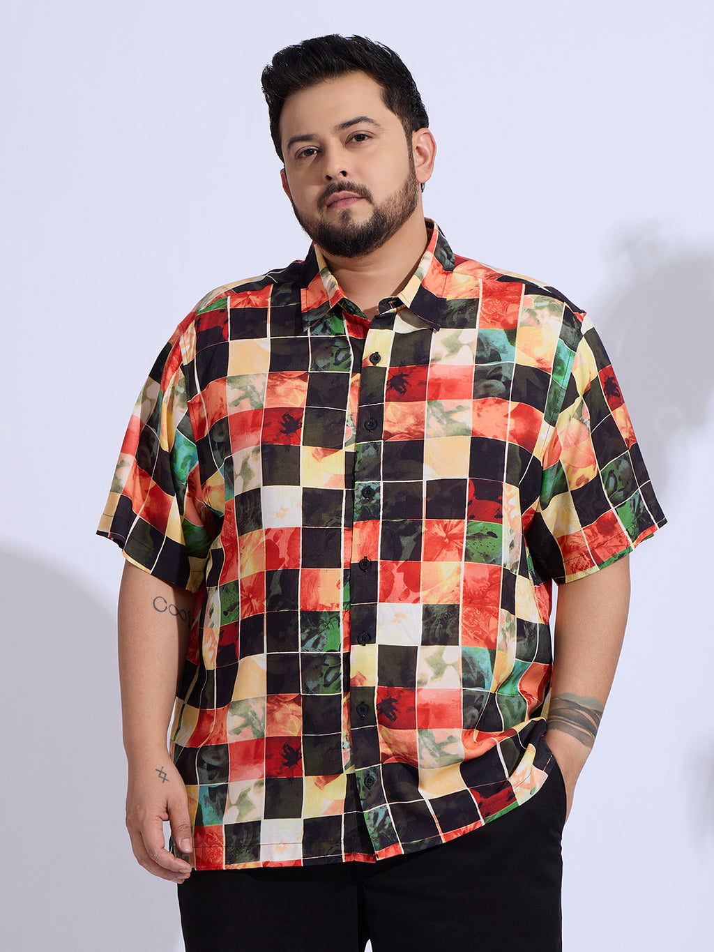 Plus Size Cotton Reyon Printed Regular Fit Smart Casual Shirt - Red, Black