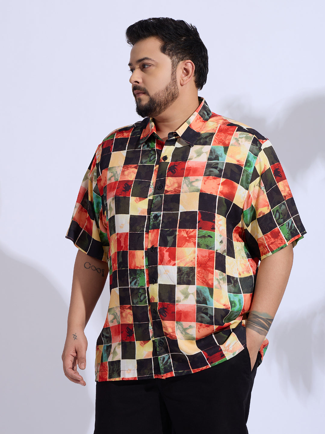 Plus Size Cotton Reyon Printed Regular Fit Smart Casual Shirt - Red, Black