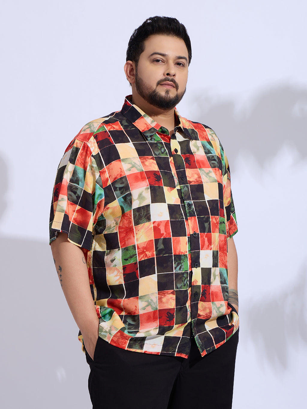 Plus Size Cotton Reyon Printed Regular Fit Smart Casual Shirt - Red, Black