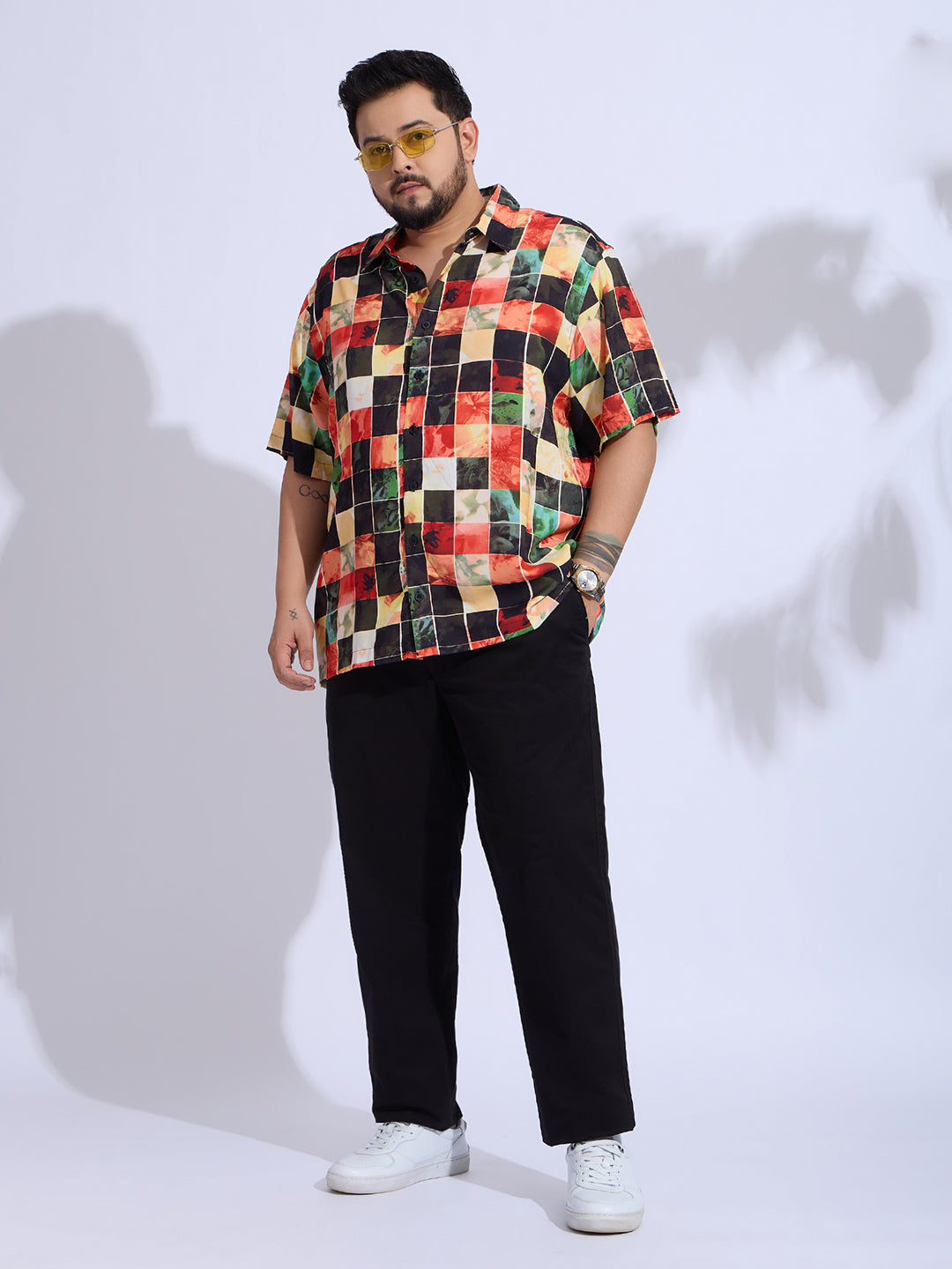 Plus Size Cotton Reyon Printed Regular Fit Smart Casual Shirt - Red, Black