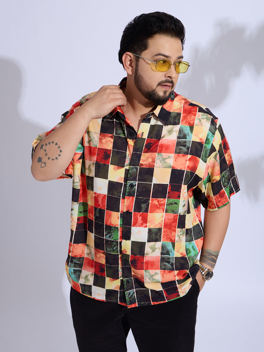 Plus Size Cotton Reyon Printed Regular Fit Smart Casual Shirt - Red, Black