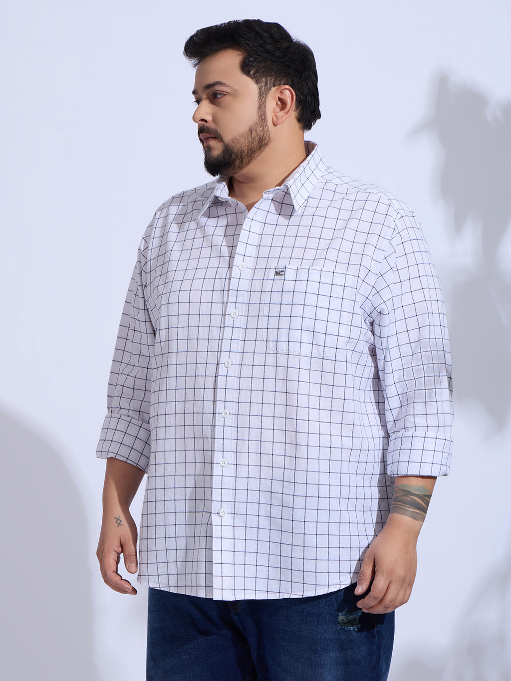 Plus Size Cotton Check 1 Pocket Regular Fit Smart Casual Shirt - White