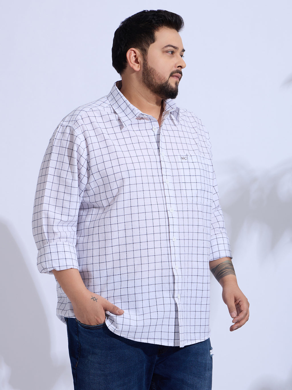 Plus Size Cotton Check 1 Pocket Regular Fit Smart Casual Shirt - White