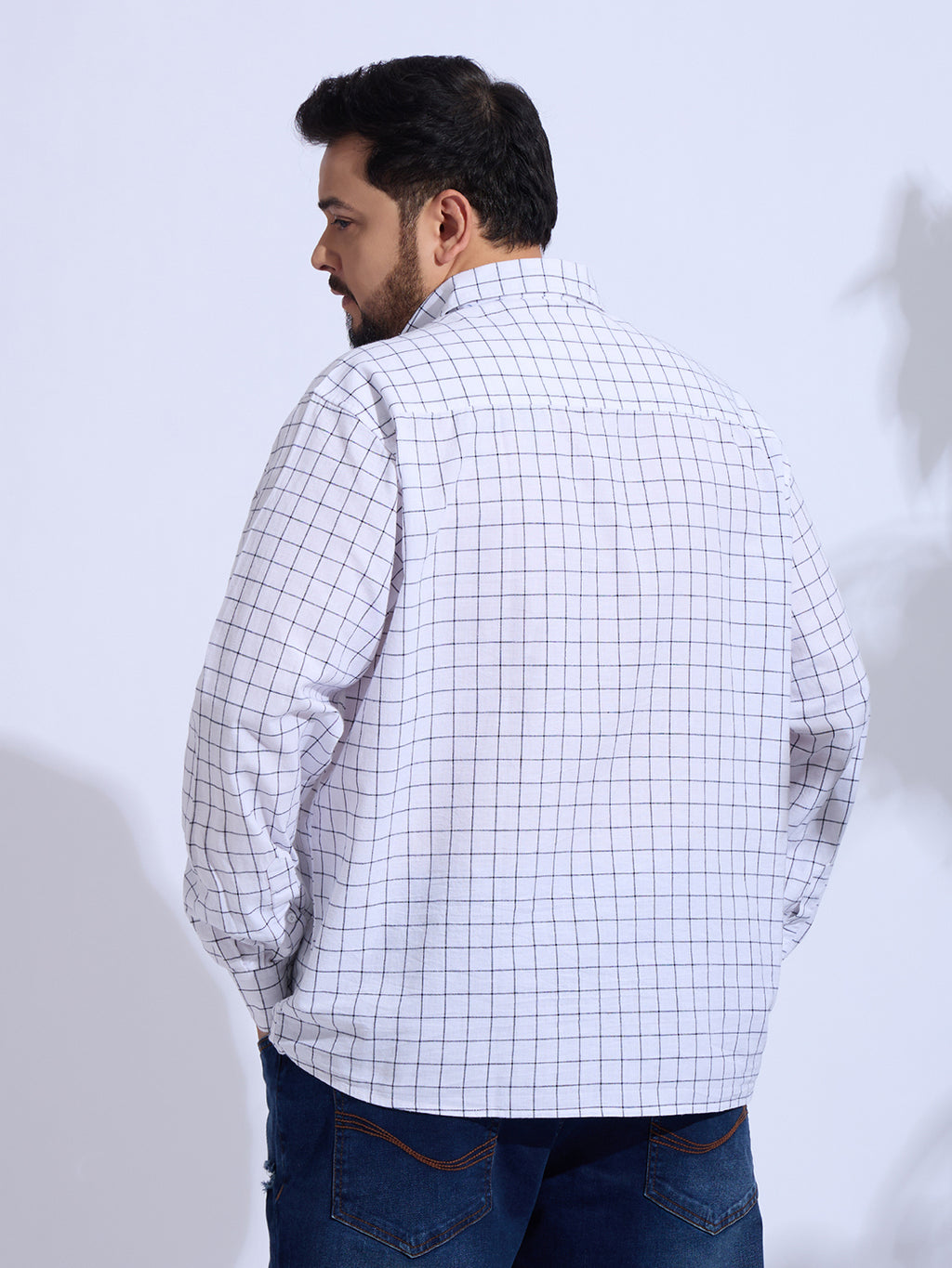 Plus Size Cotton Check 1 Pocket Regular Fit Smart Casual Shirt - White