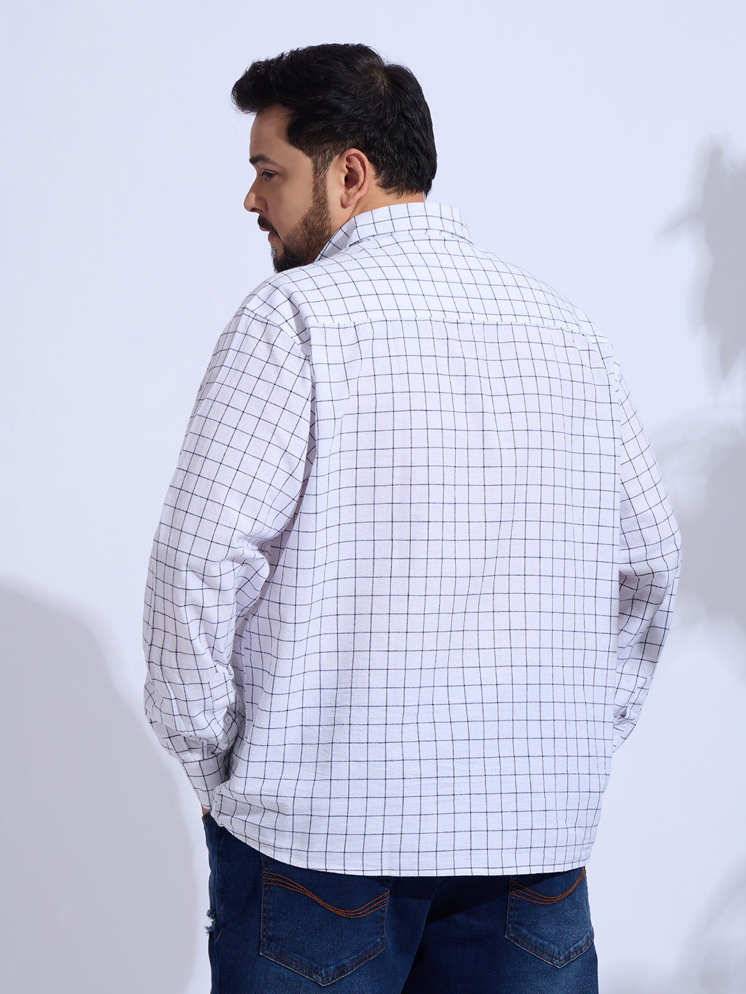 Plus Size Cotton Check 1 Pocket Regular Fit Smart Casual Shirt - White