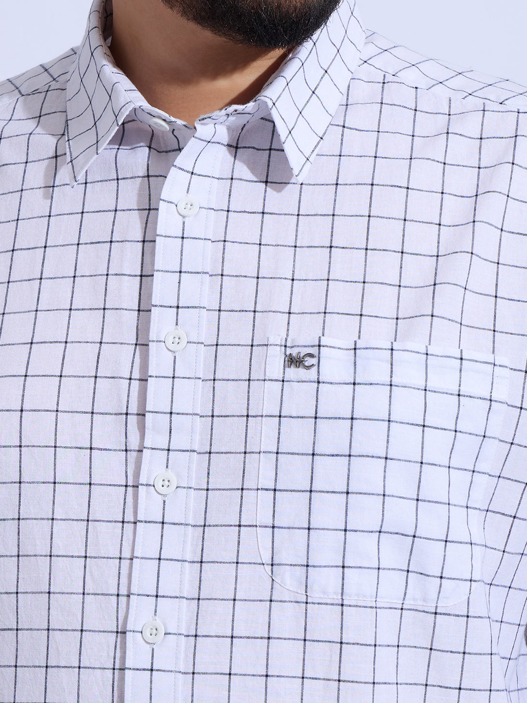 Plus Size Cotton Check 1 Pocket Regular Fit Smart Casual Shirt - White