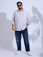 Plus Size Cotton Check 1 Pocket Regular Fit Smart Casual Shirt - White