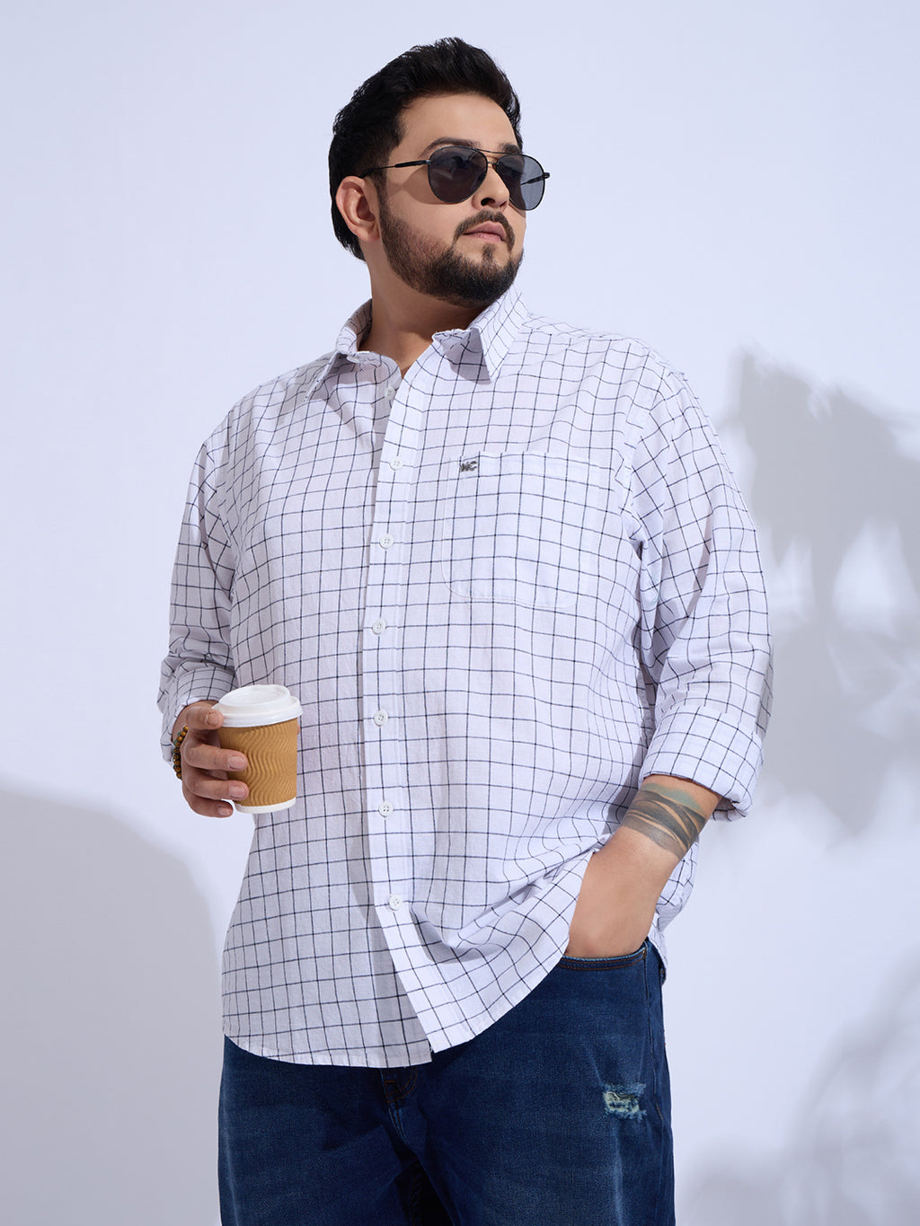 Plus Size Cotton Check 1 Pocket Regular Fit Smart Casual Shirt - White