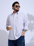 Plus Size Cotton Check 1 Pocket Regular Fit Smart Casual Shirt - White