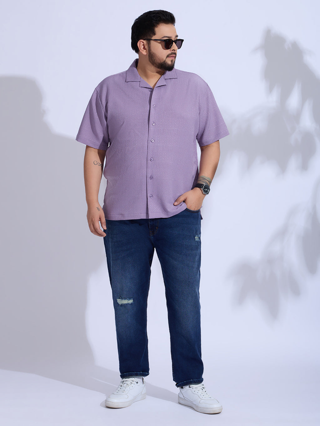 Plus Size cotton blend Regular Fit Smart Casual Shirt - Purple