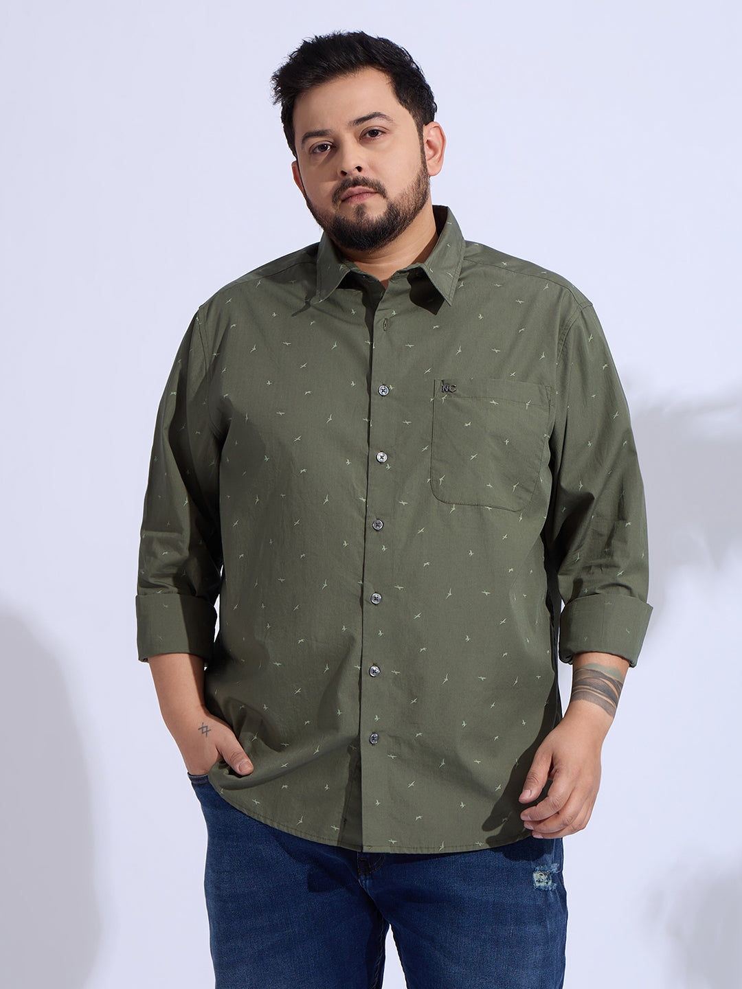 Plus Size Cotton Printed 1 Pocket Regular Fit Smart Casual Shirt Style-1274-Olive