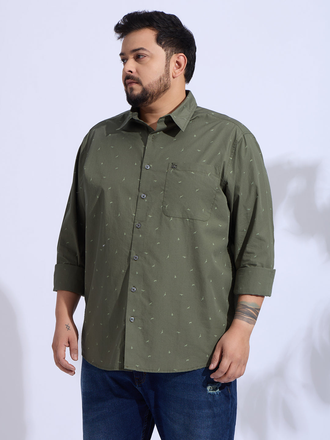 Plus Size Cotton Printed 1 Pocket Regular Fit Smart Casual Shirt Style-1274-Olive