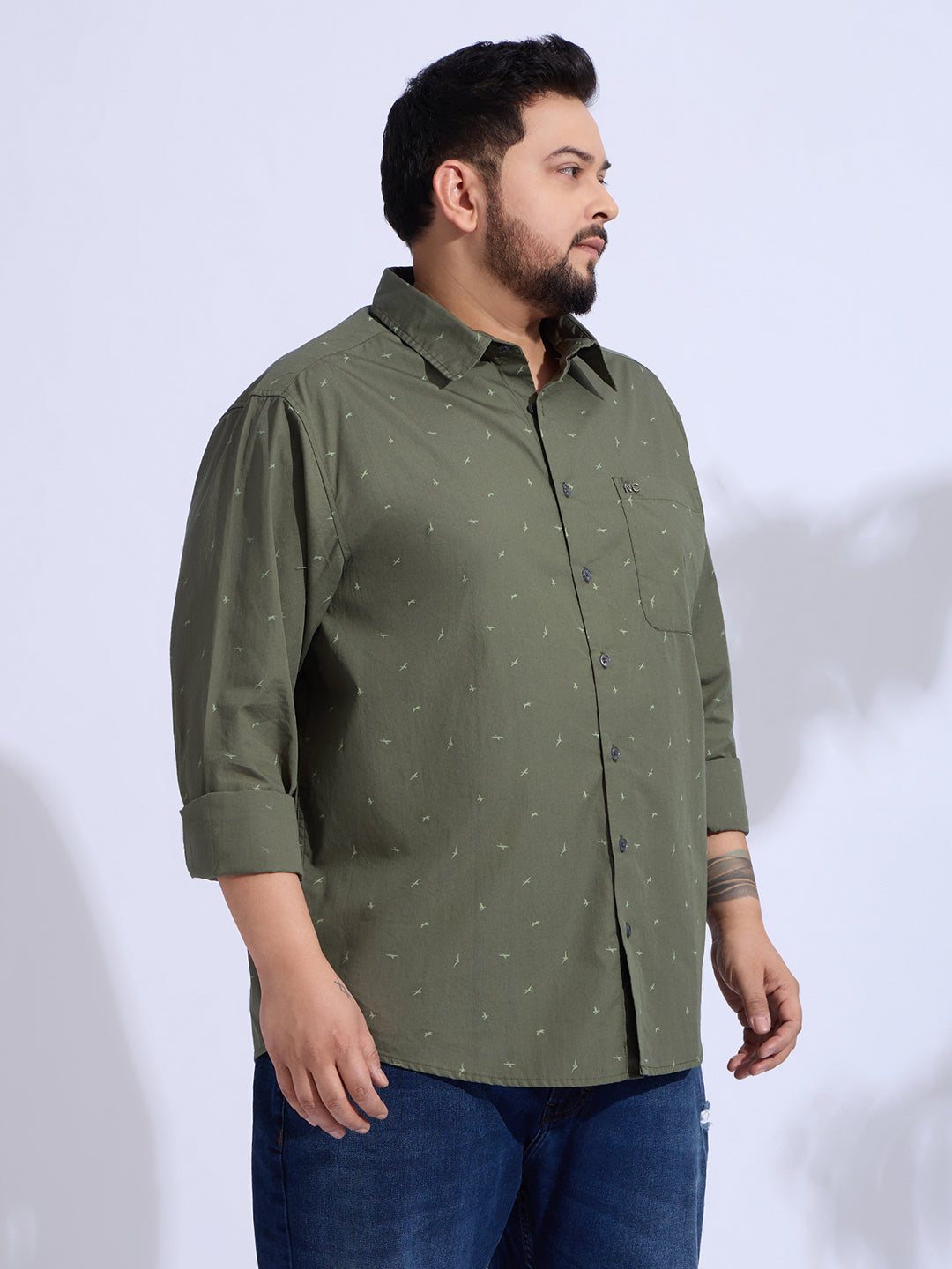Plus Size Cotton Printed 1 Pocket Regular Fit Smart Casual Shirt Style-1274-Olive