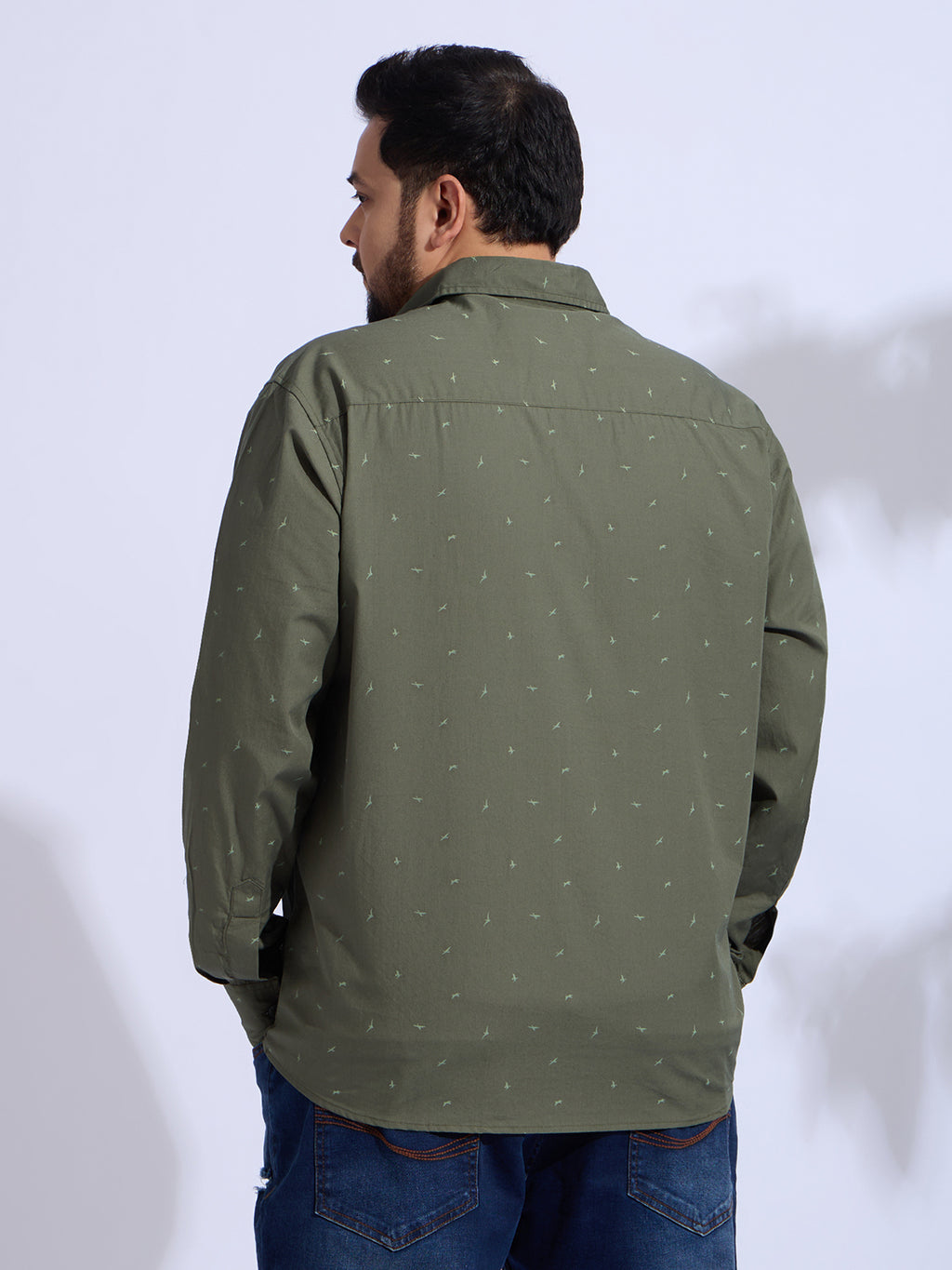 Plus Size Cotton Printed 1 Pocket Regular Fit Smart Casual Shirt Style-1274-Olive