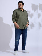 Plus Size Cotton Printed 1 Pocket Regular Fit Smart Casual Shirt Style-1274-Olive