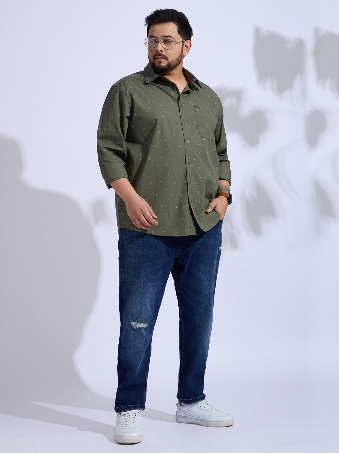 Plus Size Cotton Printed 1 Pocket Regular Fit Smart Casual Shirt Style-1274-Olive