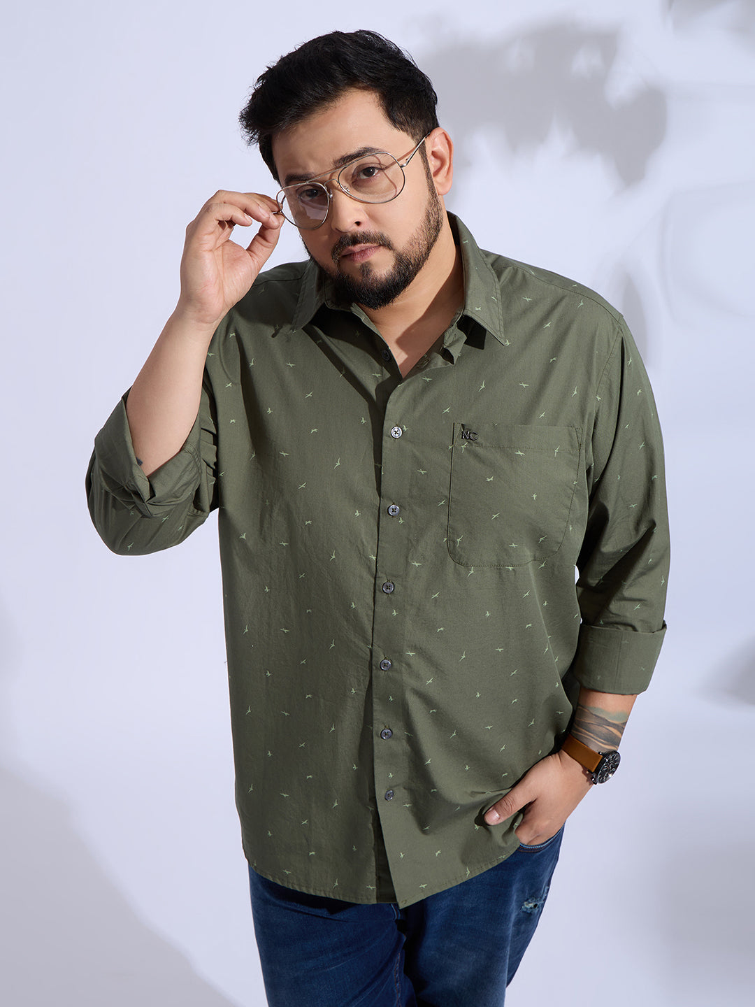 Plus Size Cotton Printed 1 Pocket Regular Fit Smart Casual Shirt Style-1274-Olive