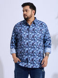 Plus Size Cotton Printed 1 Pocket Regular Fit Smart Casual Shirt - Blue