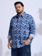 Plus Size Cotton Printed 1 Pocket Regular Fit Smart Casual Shirt - Blue