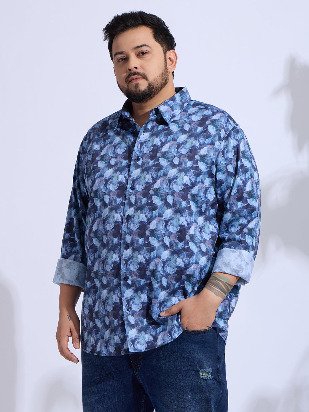 Plus Size Cotton Printed 1 Pocket Regular Fit Smart Casual Shirt - Blue
