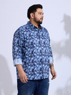 Plus Size Cotton Printed 1 Pocket Regular Fit Smart Casual Shirt - Blue