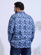 Plus Size Cotton Printed 1 Pocket Regular Fit Smart Casual Shirt - Blue