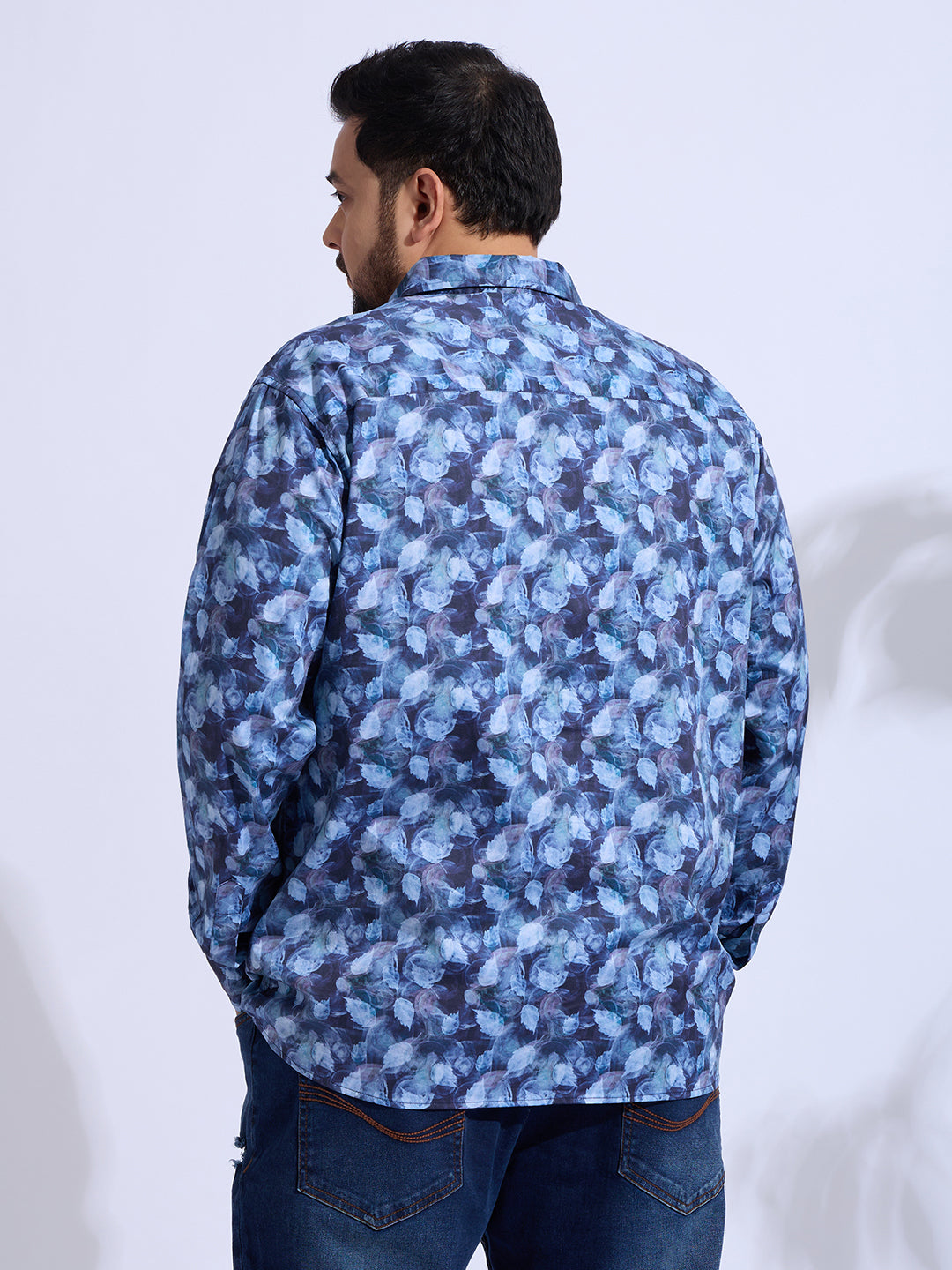 Plus Size Cotton Printed 1 Pocket Regular Fit Smart Casual Shirt - Blue