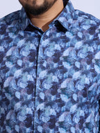 Plus Size Cotton Printed 1 Pocket Regular Fit Smart Casual Shirt - Blue