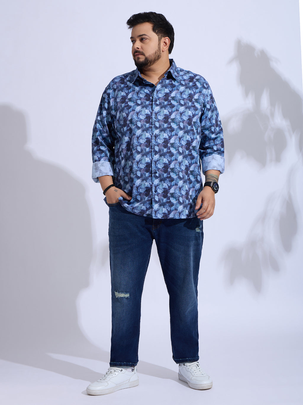 Plus Size Cotton Printed 1 Pocket Regular Fit Smart Casual Shirt - Blue