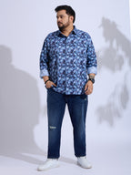 Plus Size Cotton Printed 1 Pocket Regular Fit Smart Casual Shirt - Blue