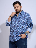 Plus Size Cotton Printed 1 Pocket Regular Fit Smart Casual Shirt - Blue